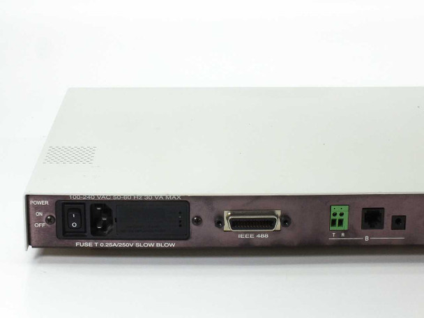 Spirent DLS 90 rear panel left side showing power switch, IEC AC inlet, fuse holder, and IEEE-488 GPIB connector