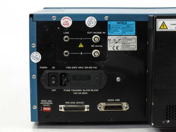 Spirent DLS 400 rear panel – showing LINE and EXT NOISE IN BNC connectors, power inlet (100-240V), fuse, RS-232 DCE port, dual IEEE-488 connectors, and IEEE 488 address DIP switch