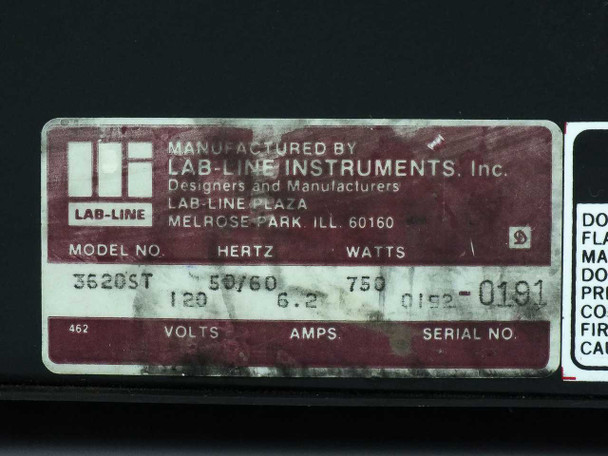 Lab-Line 3620ST rating plate showing Model 3620ST, 120V, 50/60Hz, 6.2A, 750W, manufactured by Lab-Line Instruments Inc. Melrose Park IL