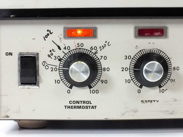 Lab-Line 3620ST Duo Vac Vacuum Oven control panel showing ON/OFF switch, Control Thermostat and Safety thermostat dials with handwritten temperature annotations
