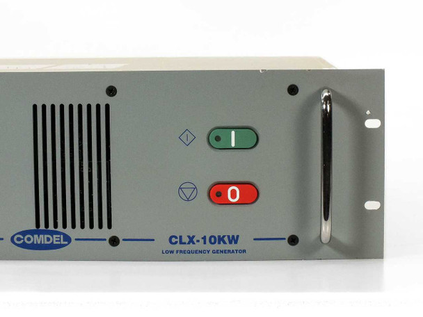 Comdel CLX-10KW – close-up of right side of front panel showing green I (on) and red O (off) illuminated pushbuttons with indicator lamp symbols, and COMDEL / CLX-10KW / LOW FREQUENCY GENERATOR nameplate