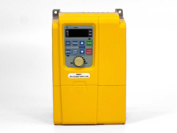 Rhymebus RM6E1-2005B3 VFD – front panel view showing digital display, PROG/RUN/STOP controls, and label reading 3PH AC200V 5HP/3.7kW