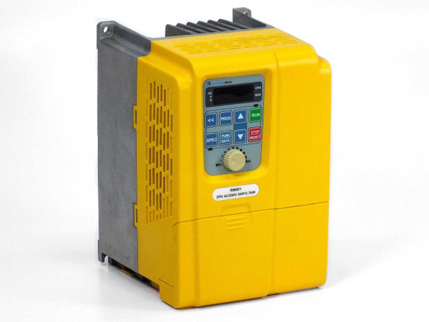 Rhymebus RM6E1-2005B3 Variable Frequency Drive – front left angle view showing yellow enclosure and front keypad panel