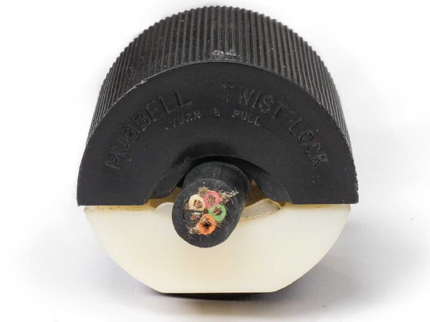 Hubbell 231A twist-lock plug – straight rear view showing Hubbell Twist-Lock Turn & Pull legend and multi-conductor cable wiring