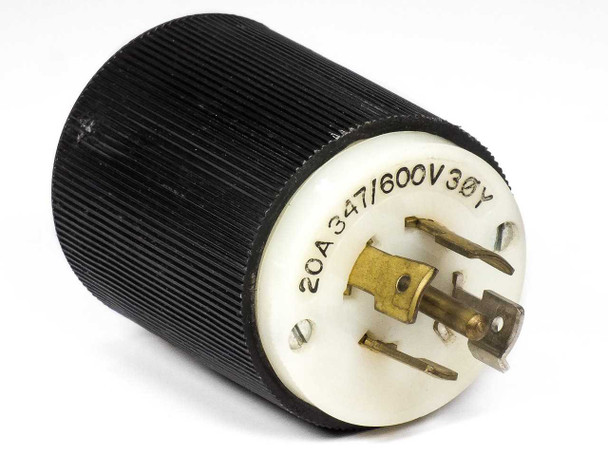 Hubbell 231A NEMA L20-20P twist-lock male plug – angled side view showing ribbed black body and brass blade face marked 20A 347/600V 3ØY
