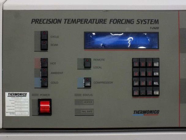 Thermonics T-2423 front panel labeled Precision Temperature Forcing System showing Cycle/Soak switches, Hot/Ambient/Cold mode selectors, Remote/Local toggle, Compressor switch, keypad, Status indicators, Flow knobs, and LCD display