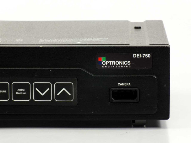 Optronics DEI-750 — close-up of front panel right side showing Optronics Engineering logo, DEI-750 designation, and camera input port