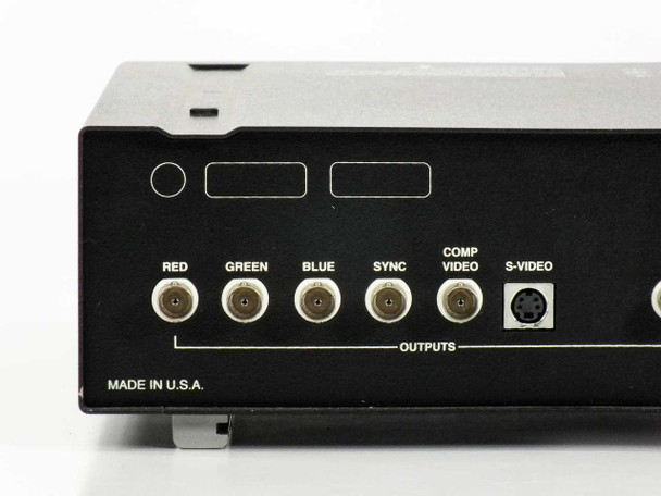 Optronics DEI-750 — close-up of rear outputs: RED, GREEN, BLUE, SYNC, COMP VIDEO, and S-Video BNC connectors labeled OUTPUTS; Made in U.S.A.