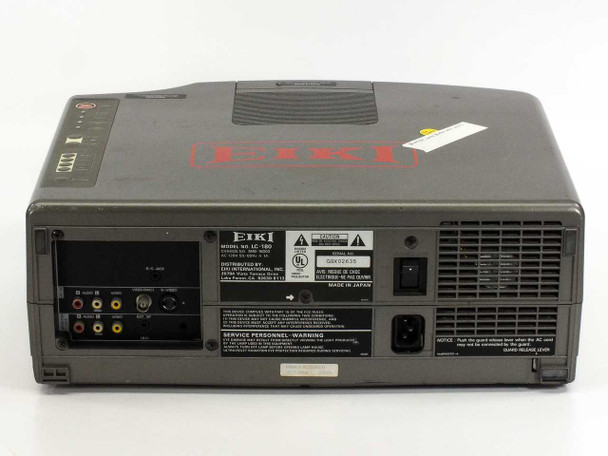 Eiki LC-180 rear panel overview showing input connections, rating label, power switch, and IEC AC inlet