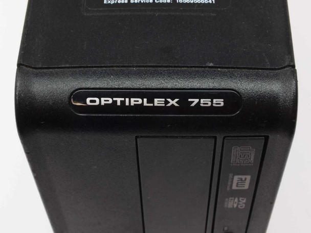 Dell OptiPlex 755 nameplate close-up on front bezel with Express Service Code label