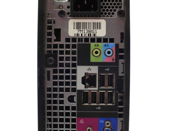 Dell OptiPlex 755 SFF rear panel — closer view of audio jacks, RJ-45 Ethernet, USB ports, and service tag