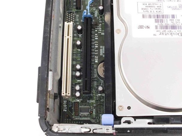 Dell OptiPlex 755 SFF interior close-up — PCIe x16 (Slot 1) and PCI (Slot 2) expansion slots with 160GB HDD label visible