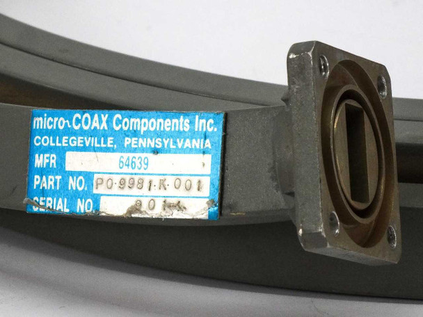 Micro-Coax PO.9981.K001 WR-62 waveguide delay line – label and rectangular flange end detail