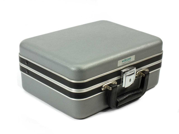 Wilcom gray hard-shell carrying case closed, front view showing latches and handle