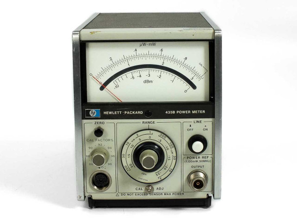 HP Hewlett-Packard 435B Analog Power Meter — straight-on front panel view showing dual-scale analog meter (µW–mW and dBm), ZERO control, RANGE rotary switch, LINE ON/OFF switch, POWER REF OUTPUT, CAL FACTORS switches, and CAL ADJ trimmer