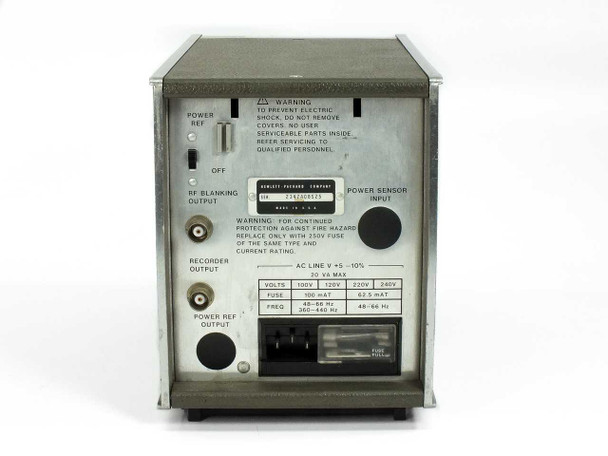 HP 435B Power Meter — rear panel close-up showing AC LINE rating label (20VA max, 100–240V fuse chart, 48-66Hz/360-440Hz), POWER SENSOR INPUT, RF BLANKING OUTPUT, RECORDER OUTPUT, POWER REF OUTPUT, and Hewlett-Packard serial number label