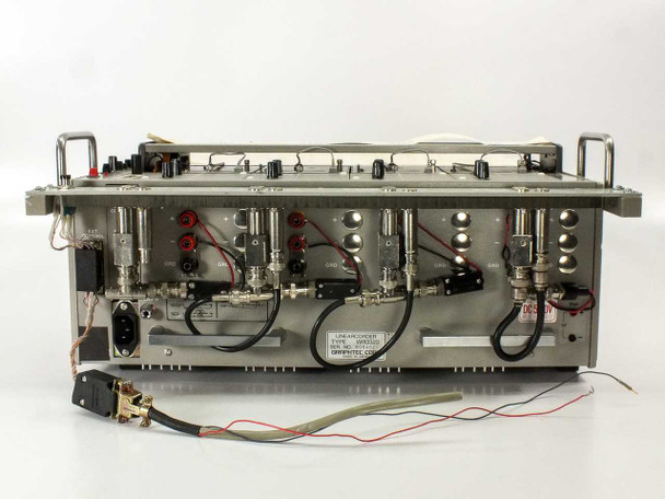 Graphtec WR3320 Linearcorder — full rear panel view showing four-channel banana-jack inputs (+/-/GND), IEC AC power inlet, EXT CONTROL connector, and loose power wiring