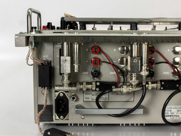 Graphtec WR3320 rear panel left section — close-up of EXT CONTROL port, IEC AC inlet, and channel 1 banana-jack input connections
