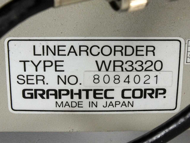 Graphtec WR3320 type label close-up: LINEARCORDER / TYPE WR3320 / SER. NO. 8084021 / GRAPHTEC CORP. / MADE IN JAPAN
