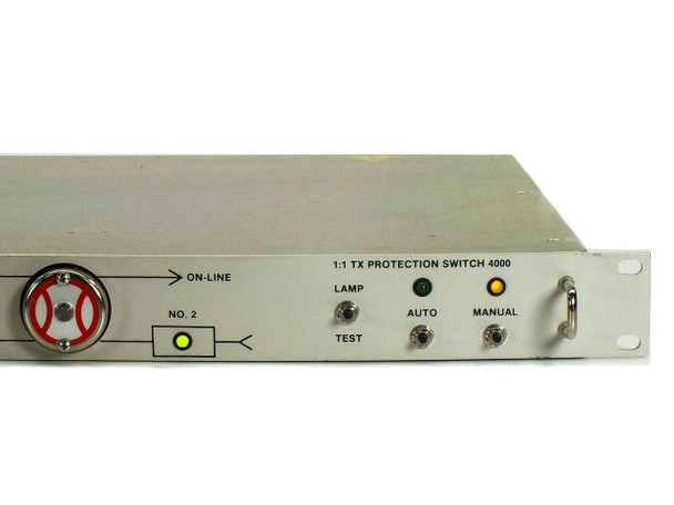 Specialty Microwave 4000A-70 front panel right-side close-up showing ON-LINE label, NO. 2 indicator, Lamp/Auto/Manual/Test toggle switches and 1:1 TX Protection Switch 4000 marking