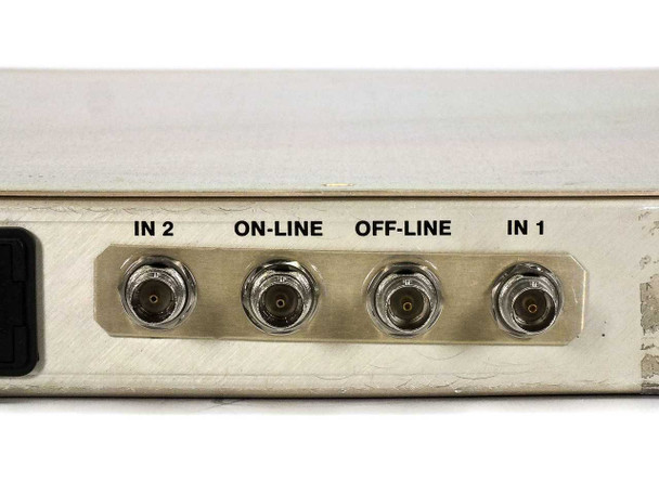 Specialty Microwave 4000A-70 rear panel close-up of four N-type RF connectors labeled IN 2, ON-LINE, OFF-LINE, IN 1