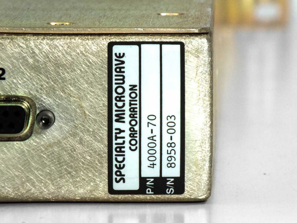 Specialty Microwave Corporation identification label showing Part Number 4000A-70 and Serial Number 8958-003