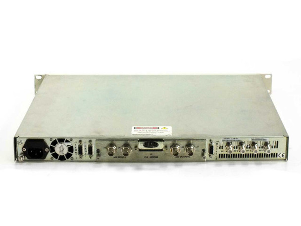 Adaptive Broadband SDM-2020 rear panel straight-on view showing full connector layout including IEC inlet, DB-9 ports, BNC ASI connectors, EIA-422/530 D-sub, and CE marking