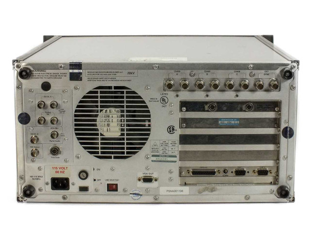 Tektronix VM700T rear panel full view showing 115V 60Hz power section, BNC inputs, VGA Out port, GPIB interface, expansion card slots, and cooling fan assembly