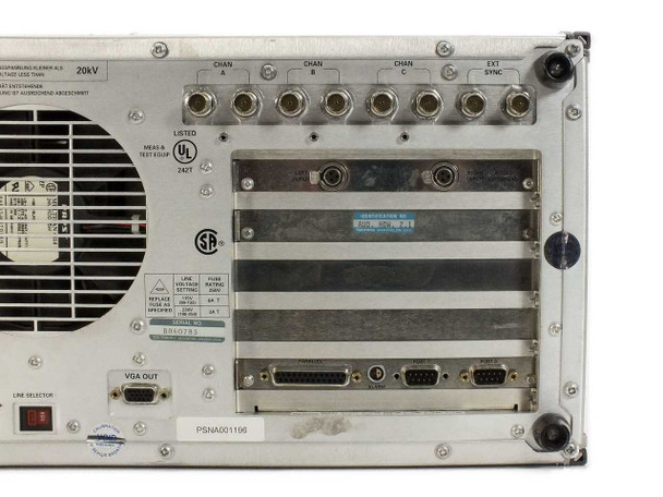 Tektronix VM700T rear panel upper section close-up showing Channel A, B, C BNC signal connectors, Ext Sync BNC, VGA Out port, expansion module slots, and UL/CSA certification marks