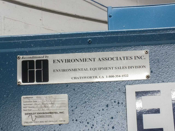 Thermotron SM-16-SL exterior panel showing Environment Associates Inc. reconditioner plate and Dewildt Environmental Inc. calibration sticker