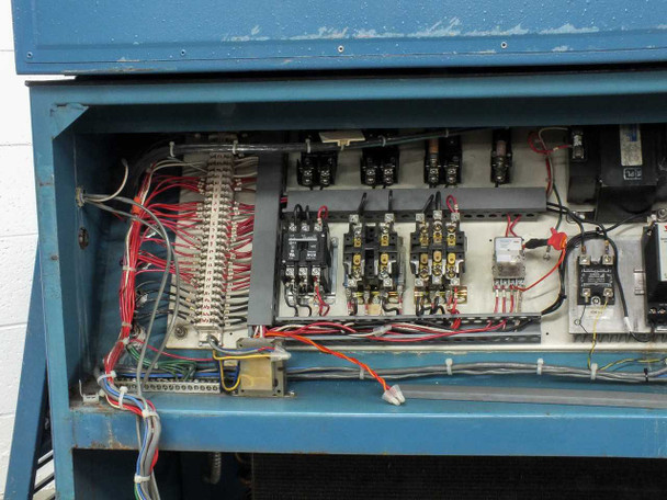 Close-up of Thermotron SM-16-SL control panel interior showing contactor bank, terminal blocks, and relay array