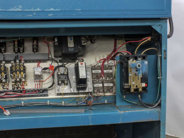 Thermotron SM-16-SL control section close-up showing solid-state relays, power contactors, and wiring connections
