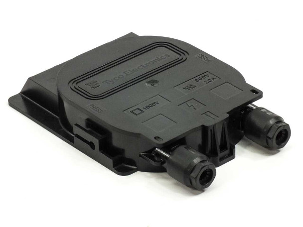 TE Connectivity 1200013L2 Solarlok Plus solar panel junction box closed view, angled front showing cable glands and Tyco Electronics label