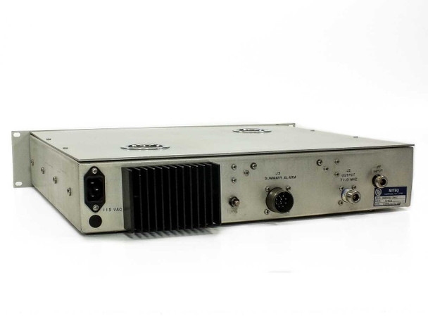 Miteq DN8000/5942 Downconverter – rear panel view showing 115VAC IEC power inlet, heat sink, J3 Summary Alarm connector, and IF/RF output ports