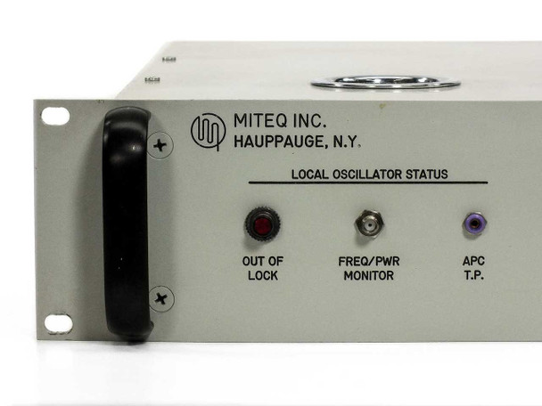 Miteq DN8000/5942 – close-up of front panel left section showing Out of Lock indicator, Freq/Pwr Monitor port, and APC T.P. indicator