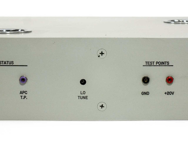 Miteq DN8000/5942 – close-up of front panel center showing APC T.P., LO Tune test point, and GND/+20V banana jack test points