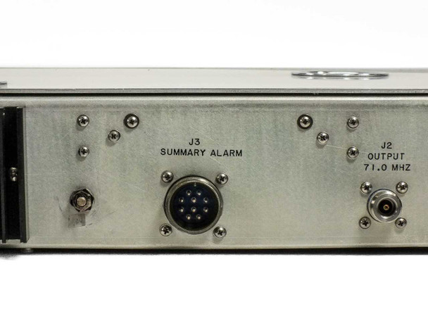 Miteq DN8000/5942 – rear panel close-up of J3 Summary Alarm multi-pin circular connector and J2 Output 71.0 MHz SMA connector