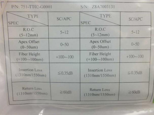 Spec sheet label for P/N 751-TT02-G0001 showing SC/APC connector specs including ROC, apex offset, insertion loss ≤0.35dB and return loss ≥60dB