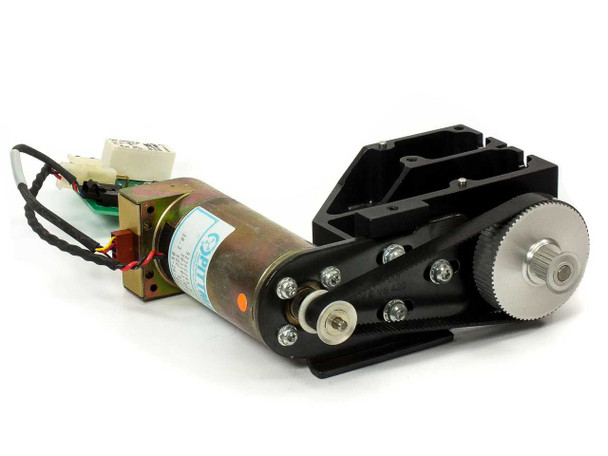 Pittman 9236C185-R3 motor with black aluminum gear frame, black belt drive, and large toothed output gear — side profile view