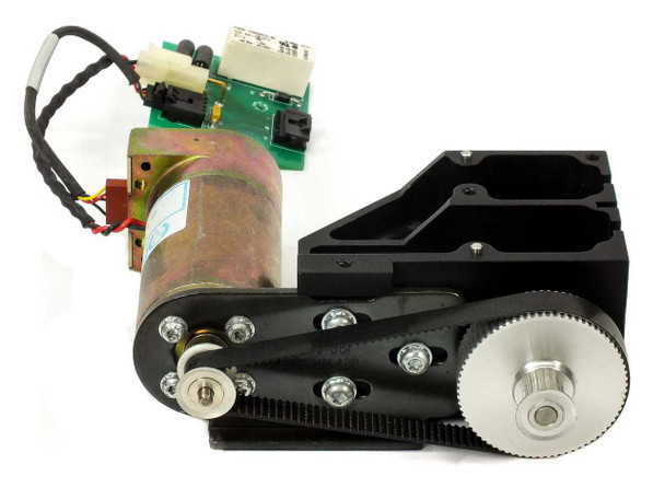 Full assembly showing Pittman motor, belt drive gear frame, and Exabyte SMD drive board mounted on top — opposite side view