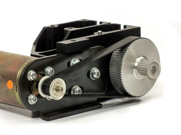 Close-up of gear drive mechanism showing large toothed output gear, belt, idler rollers, and frame label with VN 420 marking