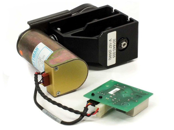 Pittman 9236C185-R3 DC motor encoder with black aluminum gear frame and Exabyte drive board shown separately — three-quarter view