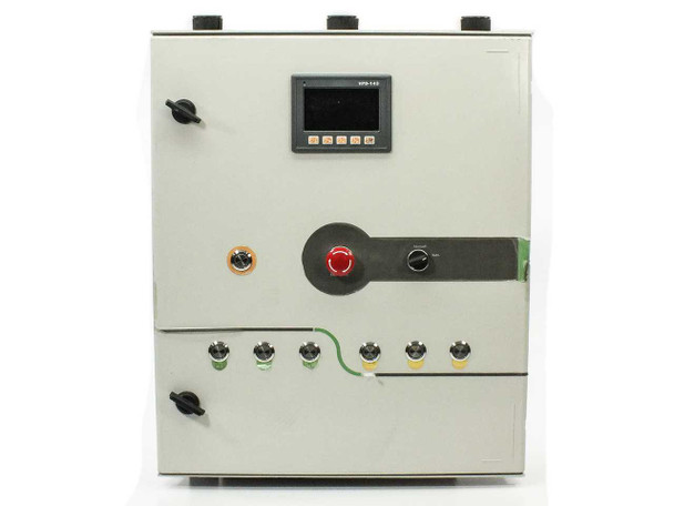 ICP DAS VPD-143 industrial control enclosure front full-face view showing VPD-143 HMI touchscreen, emergency stop, Manual/Auto switch, and six indicator pilot lights on lower panel section