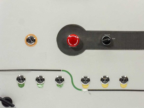 Close-up of control panel door showing emergency stop mushroom button, Manual/Auto rotary selector, green and yellow pilot lights, and cable routing along lower panel