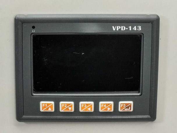 ICP DAS VPD-143 4.3-inch color touchscreen HMI display close-up showing five orange function keys (F1-F5) and L1 indicator LED