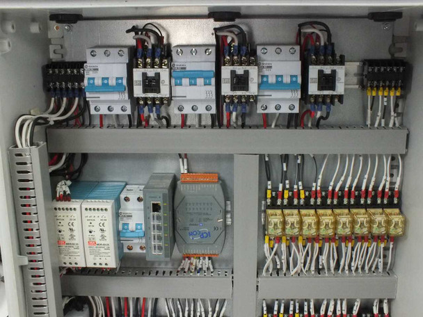 Interior close-up showing Shihlin BHA circuit breakers, Shihlin S-P11 magnetic contactors, ICP DAS M-7055D I/O module (orange), ICP DAS 5-port Ethernet switch, Mean Well MDR-60-24 DIN-rail power supplies, and relay bank