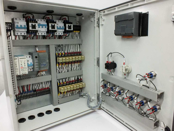 Interior of control enclosure showing Shihlin circuit breakers and magnetic contactors on DIN rail (upper left), terminal blocks, ETR2HN 24VDC relay bank (right), and cable duct wiring throughout