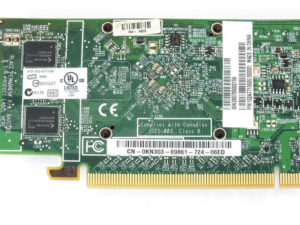 Dell KN303 ATI Radeon X1300 video card – PCB component side close-up showing ATI-102-A771(B) marking, FCC/CE compliance labels, and gold PCIe edge connector