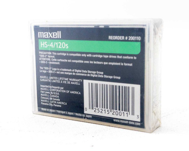 Maxell HS-4/120s rear label showing reorder number 200110, barcode 025215200113, DDS-2 compatibility notice, and Made in Japan imprint