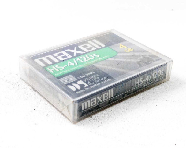 Maxell HS-4/120s 4mm DDS-2 cartridge top and side view showing sealed clamshell packaging — lot of 2